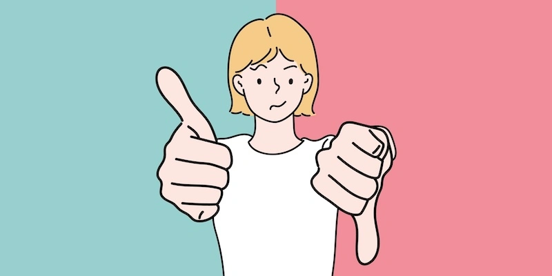 An image with a split screen background with one side turquoise and one side pink with an animated person in front of it with both arms forward with one showing a thumbs up and one showing a thumbs down